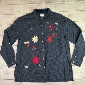 Bobbie Brooks Vintage Women's XL Navy Check Floral Embroidered Button Down Shirt